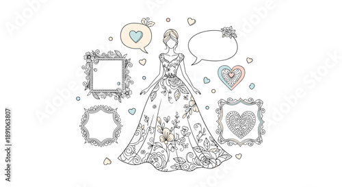 Bridal fashion illustration displays a woman in a detailed floral gown surrounded by ornate frames, hearts, and speech bubbles.