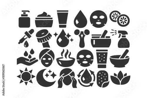 Skincare icons collection: masks, creams, oils, tools, and natural elements.