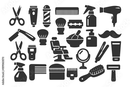 Barber shop tools collection: scissors, clippers, razor, comb, hairdryer icons.