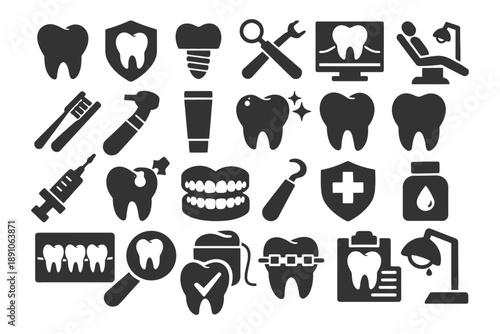 Dental care icons set: tools, teeth, orthodontics, hygiene, and treatments.