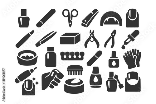 Manicure tools icons set: nail polish, clippers, files, cuticle care, scissors.