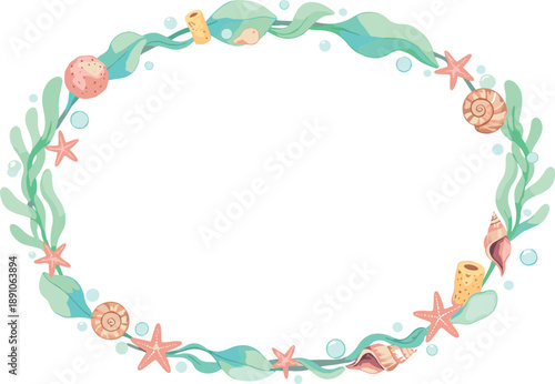Cute Ocean Wreath Vector Illustration with Seaweed, Shells, Starfish, and Bubbles Forming a Decorative Marine Frame for Summer Designs, Invitations, and Nature Art