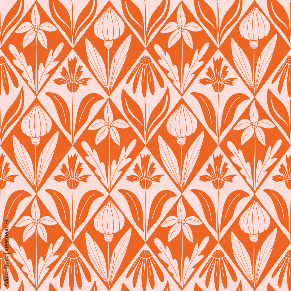 Fototapeta premium Orange Floral Stencil Diamond Pattern