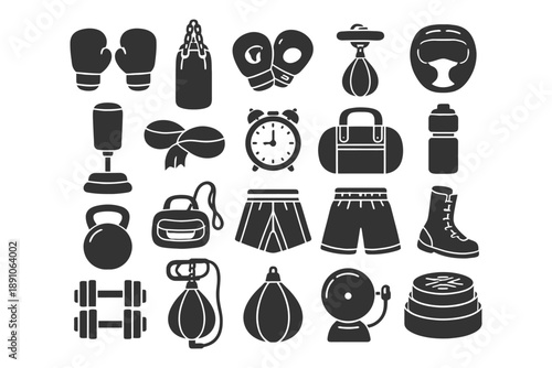 Boxing equipment icons set: gloves, bags, gear, and accessories.