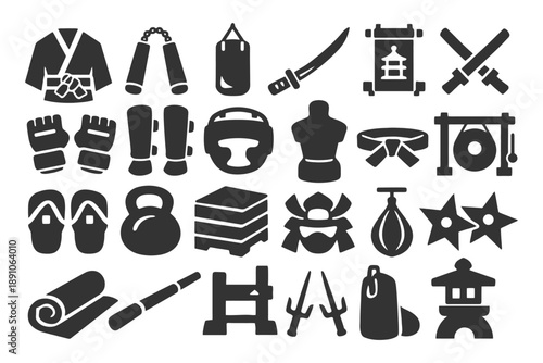 Collection of martial arts equipment and symbols in silhouette design.