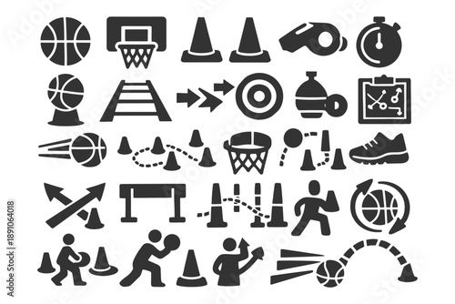Basketball and training icons: sports equipment and fitness activities.