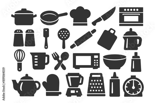 Silhouette kitchen utensils collection: pots, pans, appliances, and accessories.