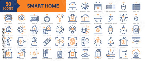 Smart Home colored line icon collection set. Containing smart door lock, smart sensor, home security, motion sensor, internet of things, system integration, smart TV, light control, automation icons