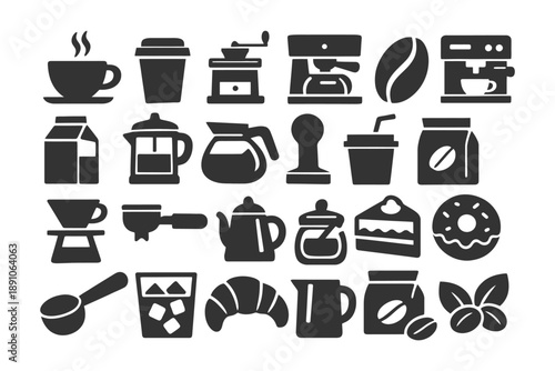 Coffee and pastry icons: cups, machines, desserts, beans, milk, croissant.