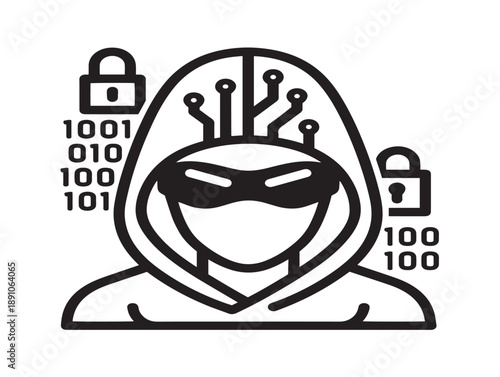 Cybersecurity hacker with binary code and lock icons