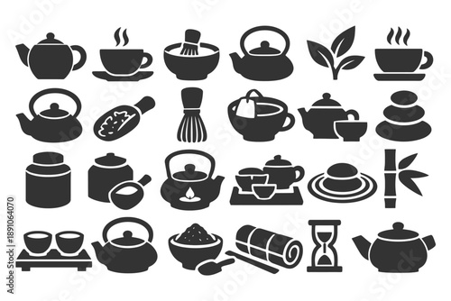 Tea time icons: black silhouettes of teapots, cups, and utensils.