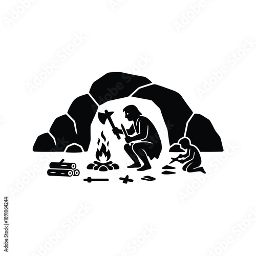 Prehistoric human silhouette vector with stone tools and fire during the caveman era on white background-01.eps