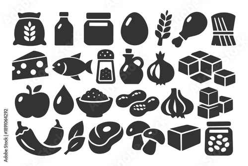 Collection of silhouette icons illustrating various food items and ingredients.