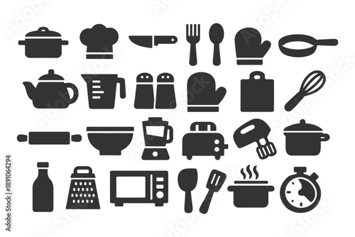 Kitchen utensil icons set: pots, pans, mixer, microwave, toaster, timer, grater, whisk.