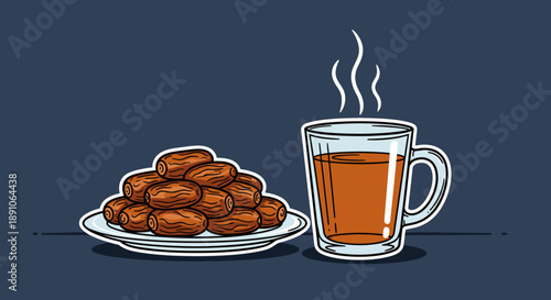 A comforting illustration of a steaming glass of hot tea paired with a delicious pile of sweet dates on a plate, set against a simple dark background.