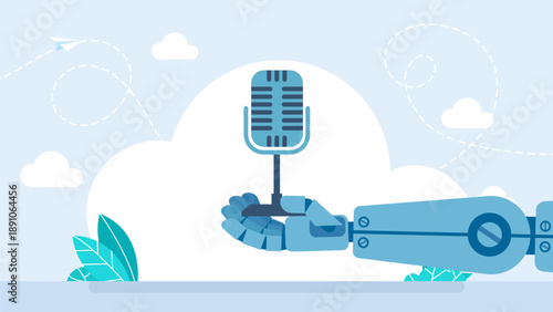 Robot hand holding a mic. Chatbot robot with microphone. AI customer service and virtual assistant technology. Podcasting concept. Internet digital recording, online broadcasting. Vector illustration