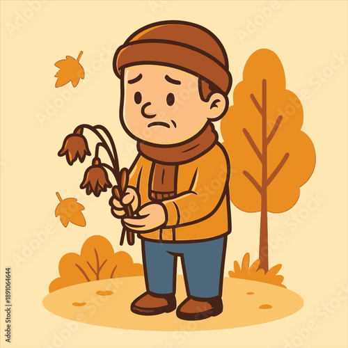 A cartoon boy in a yellow jacket and brown hat holds wilted flowers against a backdrop of falling leaves and trees with a flat vector design illustration.