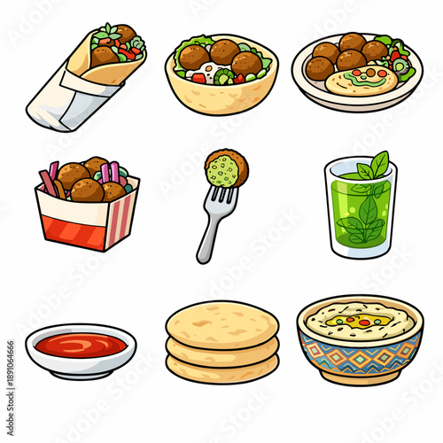 Delicious Falafel Food Set Vector. Middle Eastern Cuisine Illustrations with Wrap Salad Bowl Dipping Sauce Stack of Pita and Mint Tea Isolated.