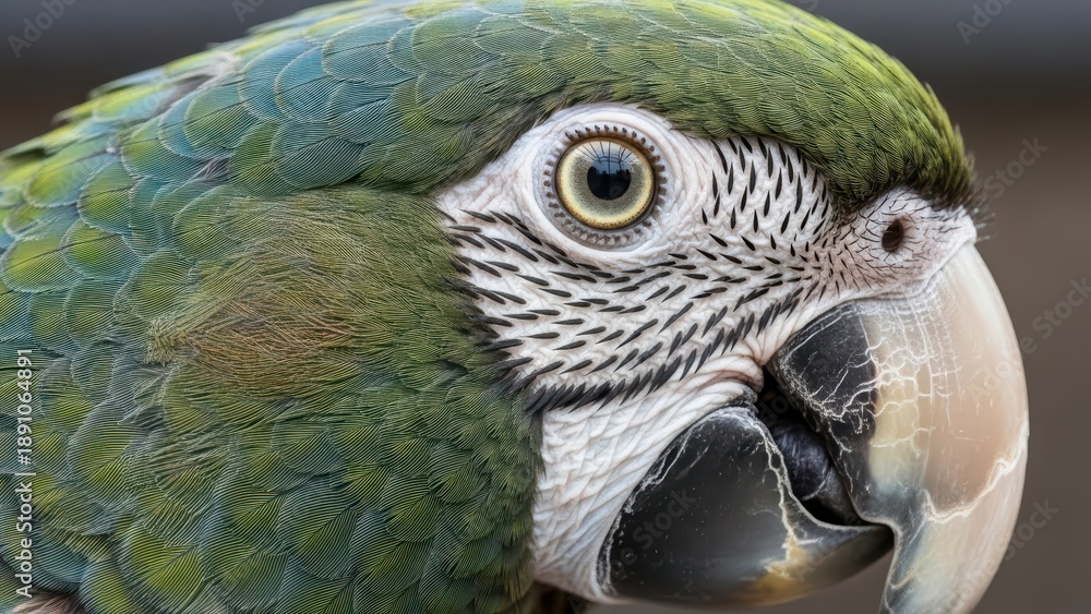 Fototapeta premium Close-up of a green macaw parrot with intricate feather patterns, focused eye, and detailed beak texture