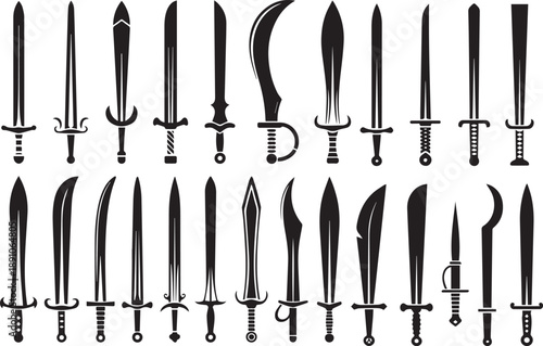 Fantasy sword tattoo set, vector linocut magic blade, dragon wings, fairy tale silhouette collection. Mystic legend snake print, spiritual medieval logotype, witchcraft sign. Sword tattoo black design