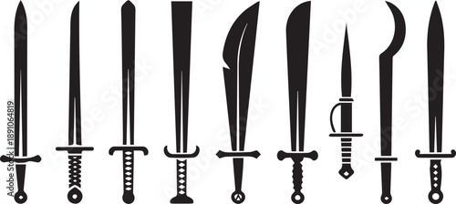 Fantasy sword tattoo set, vector linocut magic blade, dragon wings, fairy tale silhouette collection. Mystic legend snake print, spiritual medieval logotype, witchcraft sign. Sword tattoo black design