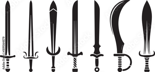 Fantasy sword tattoo set, vector linocut magic blade, dragon wings, fairy tale silhouette collection. Mystic legend snake print, spiritual medieval logotype, witchcraft sign. Sword tattoo black design