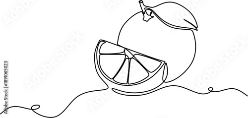 One continuous line drawing of orange fruit with leaf and slice, minimalist citrus vector illustration