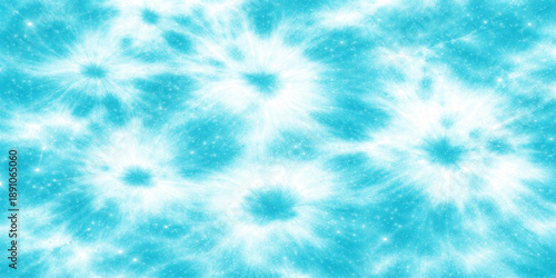 A beautiful clear day sky featuring bright sunlight rays piercing through fluffy white clouds on an abstract blue background with shimmering stars and a heavenly summer air view