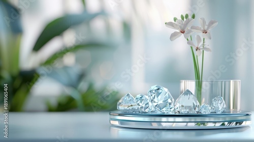 Luxurious 3D crystal podium with diamond display and blue glass platform, ideal for high-end jewelry.