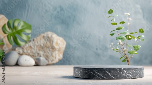 Abstract stage scene with a black stone podium and rock background, including 3D geometric marble details and a minimalistic studio setup for showcasing products.
