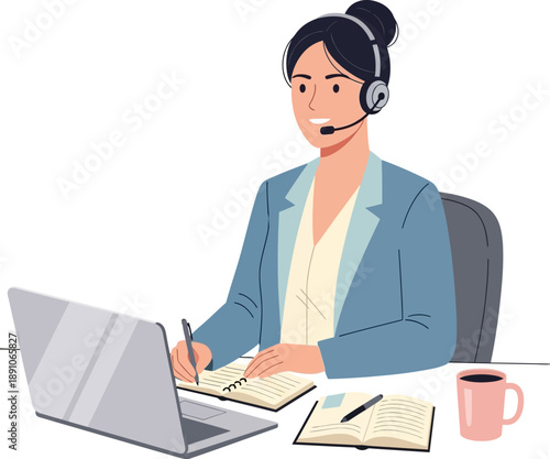 Businesswoman sitting at office desk writing in notebook during video conference