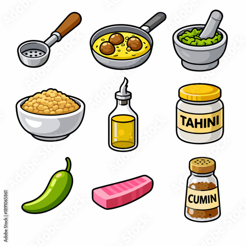 Falafel Cooking Tools and Ingredients Vector Set. Kitchen Preparation Elements including Frying Pan Scoop Tahini Cumin and Mortar Cartoon Illustrations.