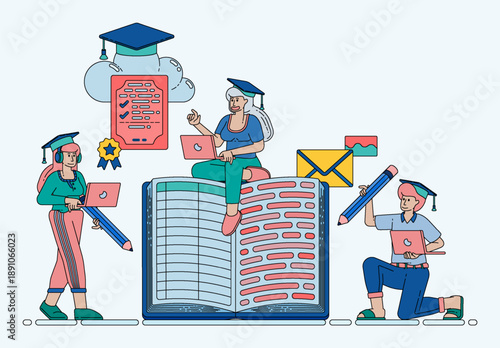 Line illustration of cloud based certificates and digital diplomas for verifying reading skills literacy progress and online education credentials. Can be used for banner flayer website ads