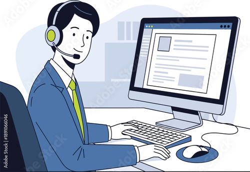 Male call center agent in suit using computer and keyboard at desk