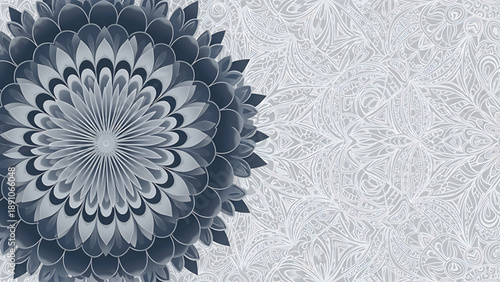 A large blue and white mandala design on a gray background with floral patterns.