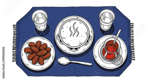 A traditional Iftar meal setup, featuring a steaming bowl of soup, sweet dates, and a glass of refreshing tea, arranged on a blue mat.