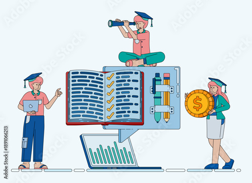 Line illustration of analyzing educational outcomes using laptop software dashboards for performance tracking assessment and edutech analytics. Can be used for banner flayer website ads social media