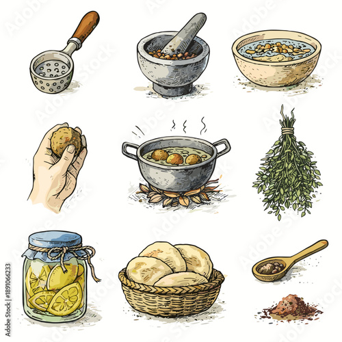 Hand Drawn Falafel Preparation Vector Set. Traditional Middle Eastern Food Ingredients. Chickpeas, Spices, Frying, Pita Bread and Herbs Illustration Collection Isolated on White.