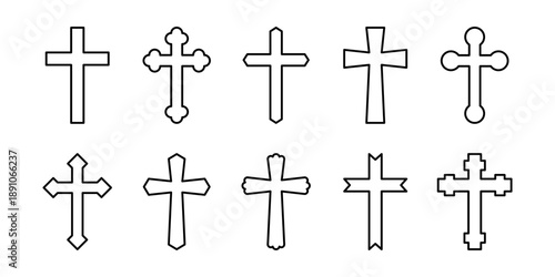 Vector isolated Christian Cross icon set in black outline