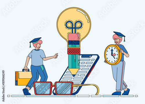 Line illustration of creative ideas for developing mobile education apps featuring pencils and light bulbs symbolizing innovation in digital learning. Can be used for banner flayer website ads