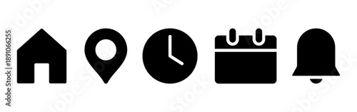 Vector isolated Date, Time, and Location icon set in black fill