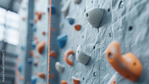 Low-angle shot of an indoor climbing wall, emphasizing its verticality and challenge.