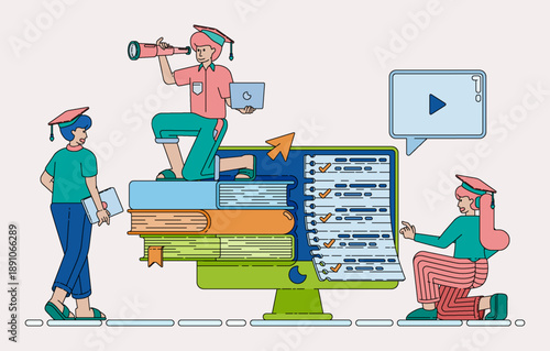 Line illustration of monitors and stacks of books for educational software learning and exams. Can be used for banner, flayer, website, ads, social media