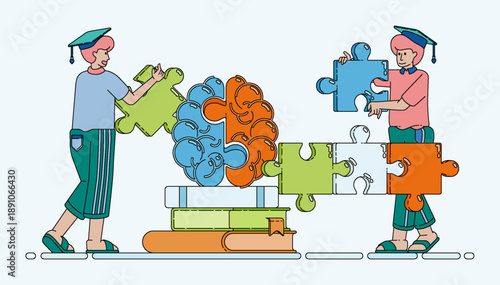 Line illustration of puzzle solving and brainstorming with books for collaboration teamwork and social learning. Can be used for banner flayer website ads social media