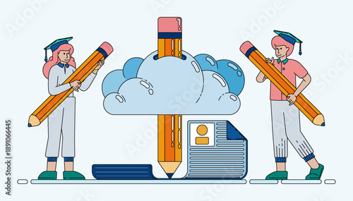 Line illustration of cloud based education concept with pencil symbolizing digital knowledge and online learning. Can be used for banner flayer website ads social media