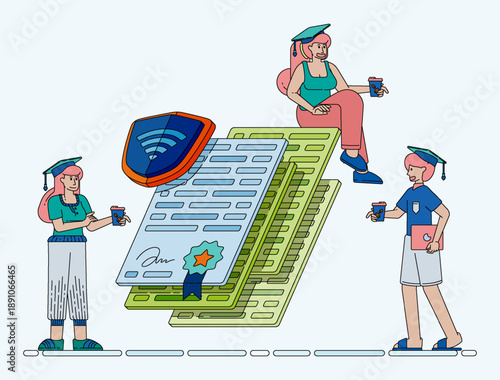 Line illustration of secure certificates and diplomas for career growth professional validation and university admission. Can be used for banner flayer website ads social media