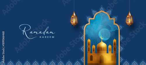 Ramadan Kareem banner with Arabic style arched window, mosque, watercolor moon night sky. Modern Islamic greeting card template