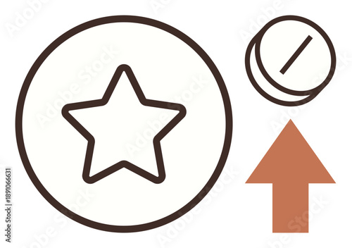 Quality assurance, success, growth, health, pharmaceutical progress, achievement. A star in a circle, a capsule and an upward arrow. Quality assurance and success concepts