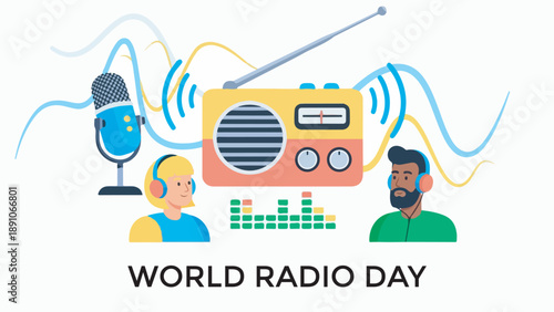 Flat vector illustration celebrating World Radio Day with a retro radio, microphone, and two listeners wearing headphones amidst sound waves.