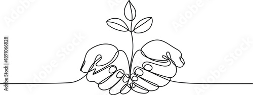 Hands Holding a Sprouting Plant Line in Black and White
